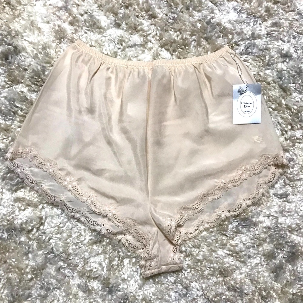 Vintage Christian Dior beige lingerie sleep short pajamas with lace trim